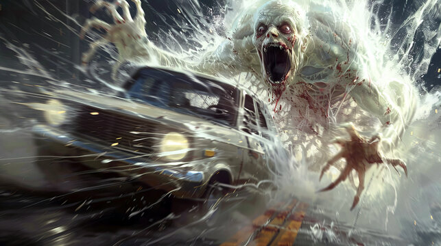 A ghost chases a car at supernatural speed.