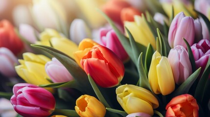 Happy Mother's Day or other spring, celebration holiday greeting card - Closeup of bunch of flowers, bouquet of colorful tulips