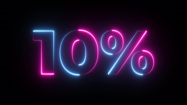 10 percent neon glowing sign on black background loop animation. 4k video text Animated