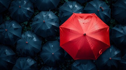 distinct red umbrella among identical ones, symbol of uniqueness