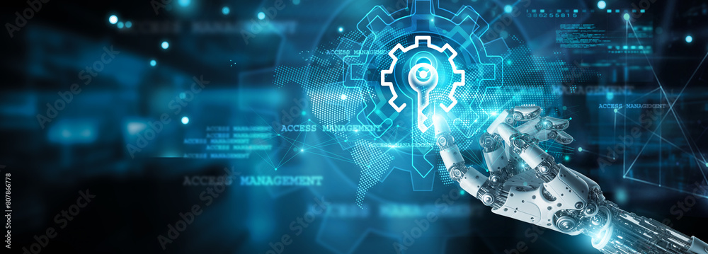 Poster access management, hands of robot touch user accounts and access management icon, granting access on