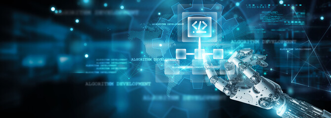 Algorithm Development, Hands of robot touch data points and algorithms icon, navigating data on networks, programming, innovation, creativity and inspiration, automation, and intelligent solutions.