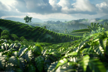 A panoramic view of lush coffee plantations, showcasing rows of vibrant coffee trees against a backdrop of rolling hills and clear blue skies.