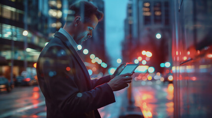 a businessman using a tablet to analyze data