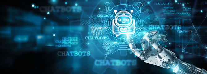 Chatbots, Hands of robot touch digital realms and Chatbots icon, Conversations flow on network, Interaction, Engagement, Innovation, Efficiency and Assistance, Enhancing connectivity, user experience.