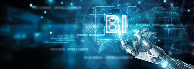 Data flows, Hands of robot touch BI (Business Intelligence) and Analytics icon, Insights emerge on network, Efficiency, Innovation, Creativity and inspiration, Decision-making and Strategic planning.