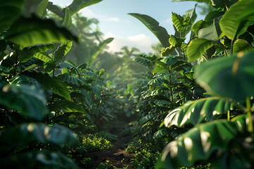 Obraz premium A panoramic view of lush coffee plantations, showcasing rows of vibrant coffee trees against a backdrop of rolling hills and clear blue skies.