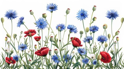 Background of chamomiles, cornflowers, and poppies in a modern format