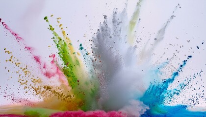 bright white background with explosion splash of colorful powder with freeze abstract splatter