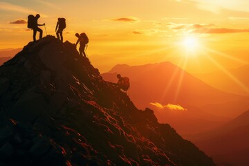 Happy man with arms up jumping on the top of the beautiful mountain - Successful hiker celebrating success on the cliff. Beautiful simple AI generated image in 4K, unique.