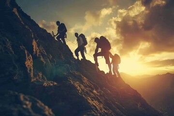 happy man raising his arms jumps to the top of the mountain - a successful mountain climber celebrates his success on the cliff. Beautiful simple AI generated image in 4K, unique.