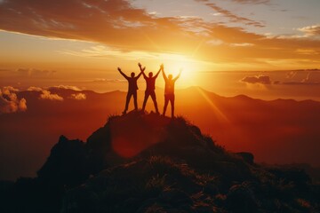 Happy hiker on mountain top - celebrating success - young man climbing to fulfill life. Beautiful simple AI generated image in 4K, unique. - obrazy, fototapety, plakaty