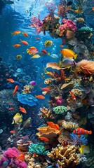 Underwater world. Tropical fishes of all colors swim among bright corals.
