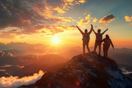 A mid-distance shot of a hiker reaching the summit of a mountain at dawn, celebrating personal achievement and the great outdoors.. Beautiful simple AI generated image in 4K, unique.