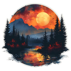 mountains,river,Forests, trees and nature, moon, sun,vintage style.,art ,generative AI