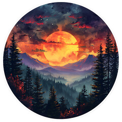 mountains,river,Forests, trees and nature, moon, sun,vintage style.,art ,generative AI