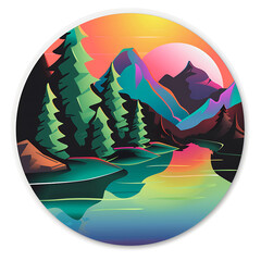 mountains,river,Forests, trees and nature, moon, sun,vintage style.,art ,generative AI
