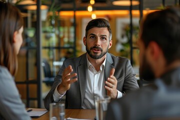 Businessman talking to colleagues during meeting in office. Business people having conversation at workplace. Teamwork concept