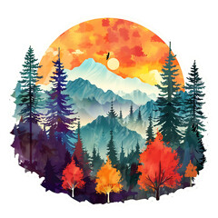mountains,river,Forests, trees and nature, moon, sun,vintage style.,art ,generative AI