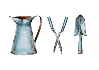 Set of gardening tools, old rusty tools on a white background. Gardening, jug, spatula, scissors