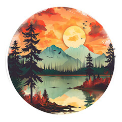 mountains,river,Forests, trees and nature, moon, sun,vintage style.,art ,generative AI