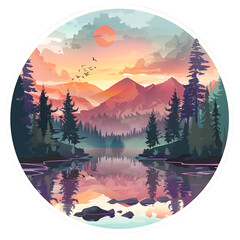 mountains,river,Forests, trees and nature, moon, sun,vintage style.,art ,generative AI