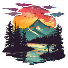 mountains,river,Forests, trees and nature, moon, sun,vintage style.,art ,generative AI