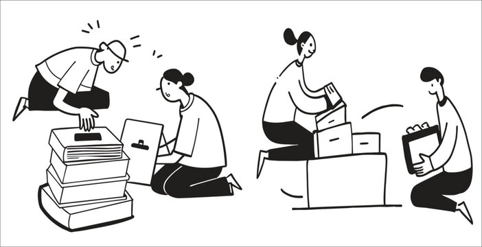 A black and white drawing depicting a group of men and women working together and working on education project. Generative AI