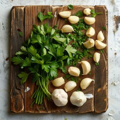 Fresh organic parsley and garlic on a wooden cutting board.
