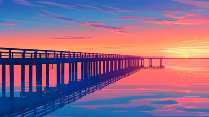 Sunset Seascape with Pier in Flat Color