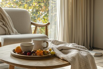 Wooden plate with coffee cup and fruit in living room, healthy breakfast, minimalistic modern design, elevated luxurious morning routine, AI generated image
