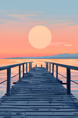 Obraz premium Sunset Seascape with Pier in Flat Color