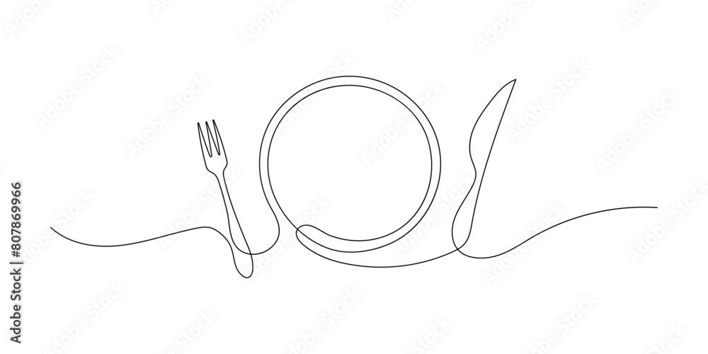 Wall mural line drawing of a fork, knife, and plate. a continuous one-line sketch of cutlery and kitchen utensi