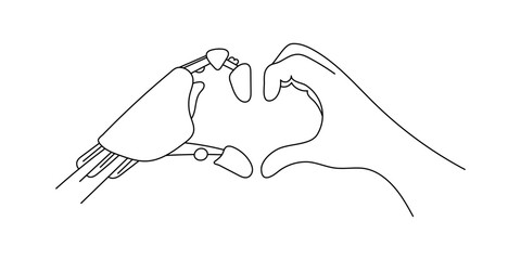 Love sign: robot and human sketch, outline illustration of robot and human lovers, robot and human love gesture. The concept of interaction