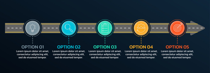 5 steps road infographic template with arrow. Timeline roadmap info graphic design. Business presentation, process layout template. Vector illustration.