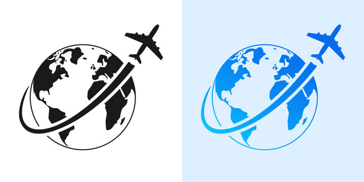 Plane with earth or globe icon. Travel around the world by airplane logo concept. Vector illustration.