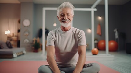 portrait of a cheerful Caucasian pensioner with a beard sitting on a sports mat while at home....