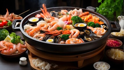 :A sizzling hot pot filled with an assortment of fresh seafood and vegetables