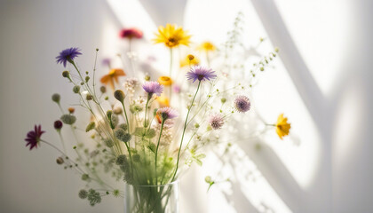 bouquet of fresh wildflowers on a white wall background, sunlight coming through the glass
