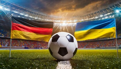 Obraz premium German flag Ukraine flag with football in a stadium for the European Championship