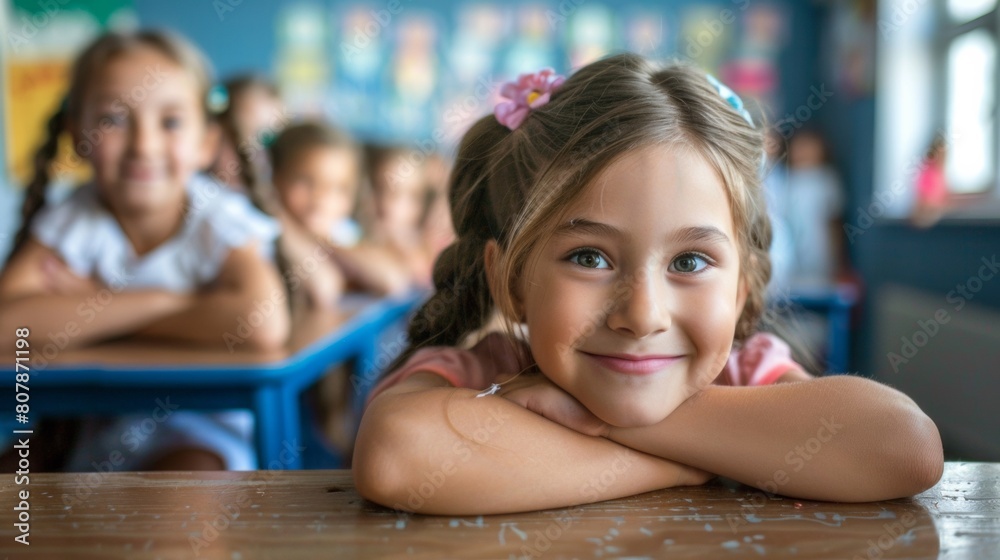 Poster A little girl sitting at a table with her arms crossed, AI