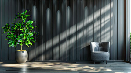 Modern Outdoor Design with Textured Wood Wall and Steel Fence, Sunny Day Illuminating Natural and Architectural Elements