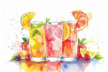 A cocktail set of berries and fruits in glasses with ice. Refreshing summer drink, watercolor illustration, isolated background. 