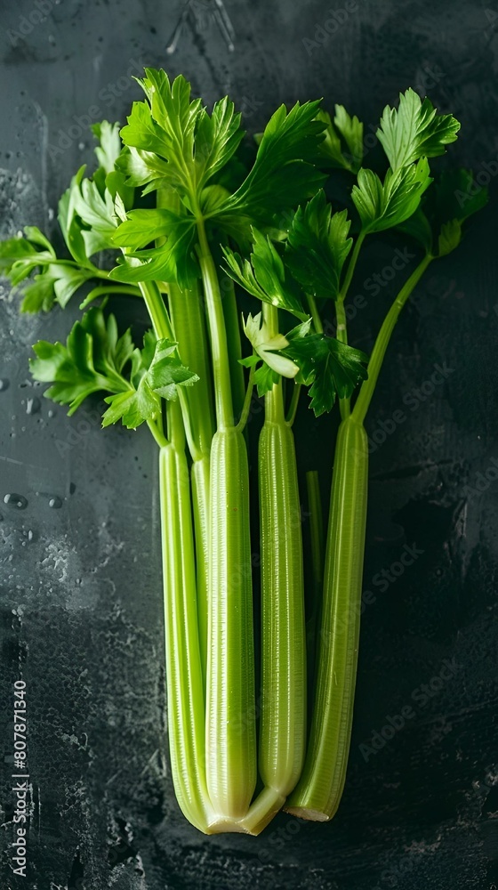 Poster AI generated illustration of a celery stalk on a black surface in dim light