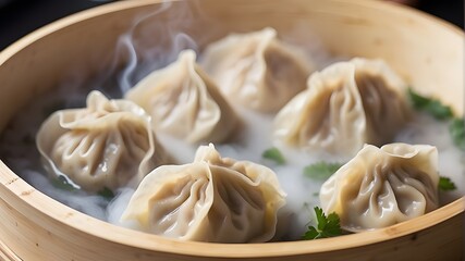  A close-up shot of dumplings, perfectly pleated and steaming hot, served in a bamboo steamer 