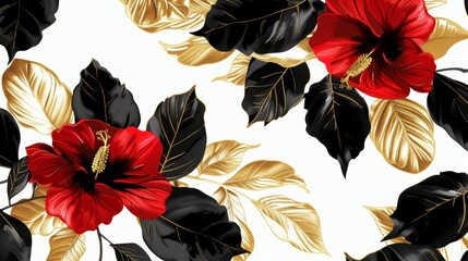 Designed with golden tropical jungle leaves, exotic red hibiscus flower on white background. Great for wedding invitations, holiday sales.