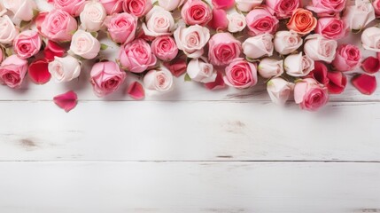 Bunch bouquet of pink roses and hearts isolated on white wooden vintage texture background panorama banner, top view with space for text