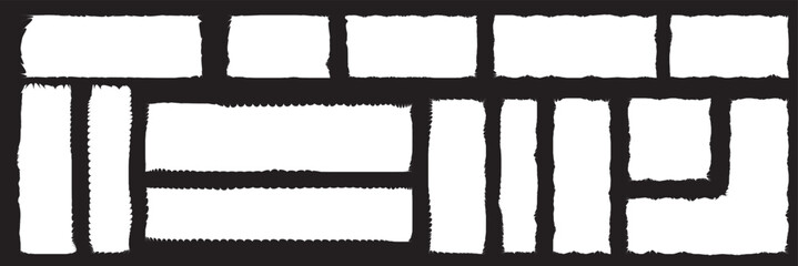 Set of grunge jagged rectangle shape. Black torn paper sheet for sticker, collage, banner. Isolated on black background. Vector illustration. EPS 10