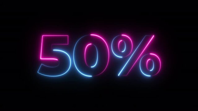 50 percent neon glowing sign on black background loop animation. 4k video text Animated