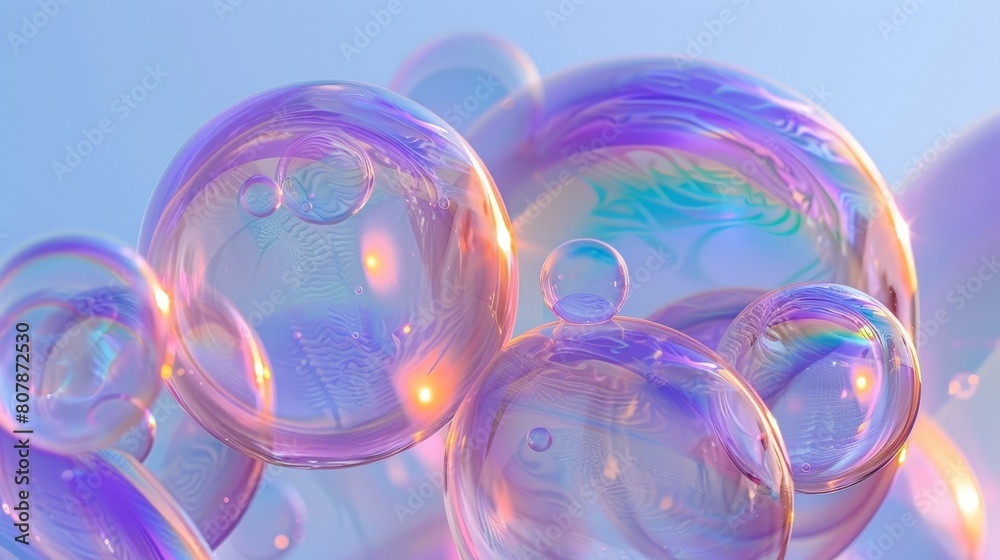 Leinwandbilder Close-up view of numerous soap bubbles floating against a blue background, creating a visually pleasing pattern